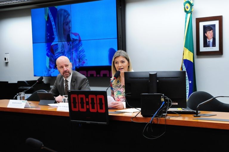 Rogério Boueri (E), do Ministério da Economia, e a deputada Aline Sleutjes - (Foto: Billy Boss/Câmara dos Deputados)