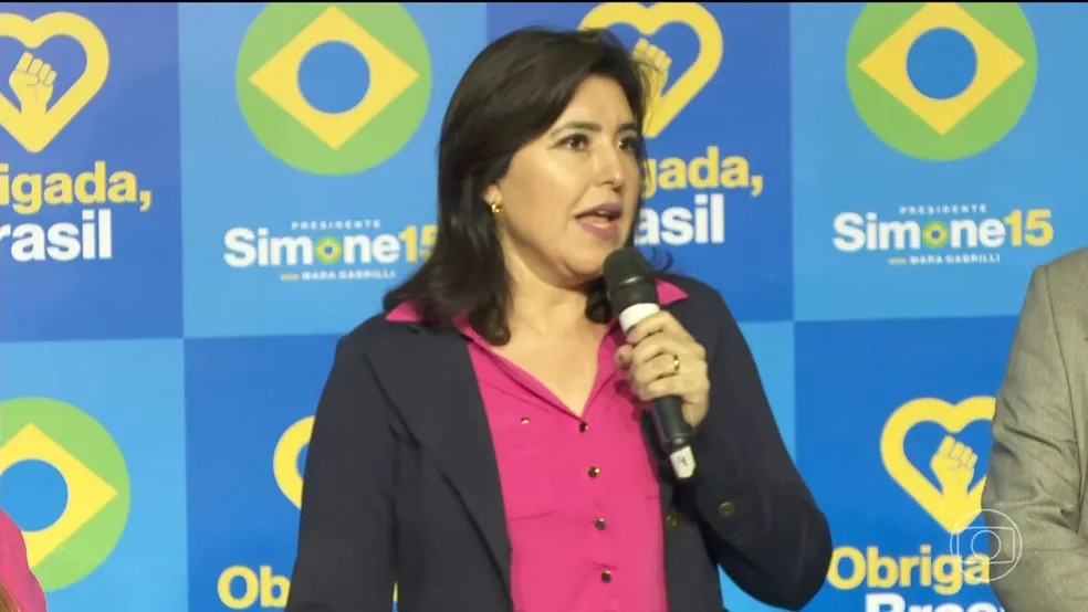 Simone Tebet durante pronunciamento após o primeiro turno das eleições de 2022 — Foto: Reprodução/GloboNews
