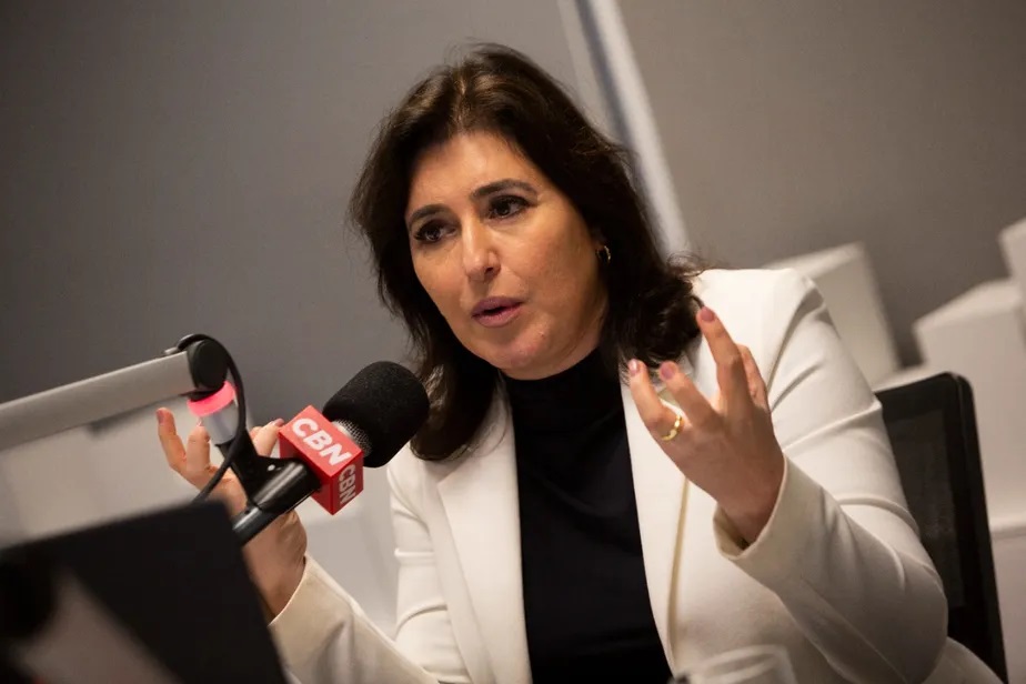 Simone Tebet em entrevista ao podcast 'Dois+Um' em 5 de outubro de 2022, dia em que ela anunciou apoio a Lula no segundo turno da eleição presidencial Maria Isabel Oliveira/O Globo