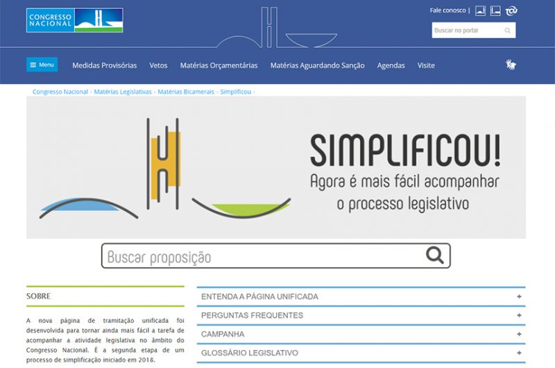 Portal Simplificou permite acompanhar a tramitação de leis ordinária e complementar, propostas de emendas constitucionais e projetos de decreto legislativo (PDLs) em um única plataforma na internet - Roberto Suguino/Agência Senado