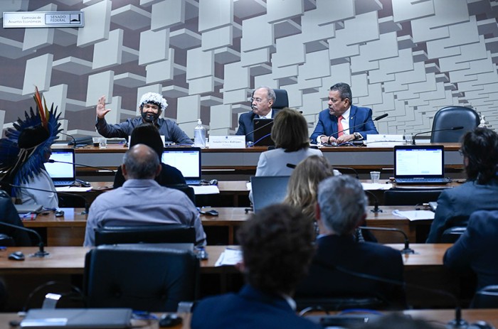 Integrantes da comissão e representantes de comunidades indígenas durante audiência promovida em março - Geraldo Magela/Agência Senado
