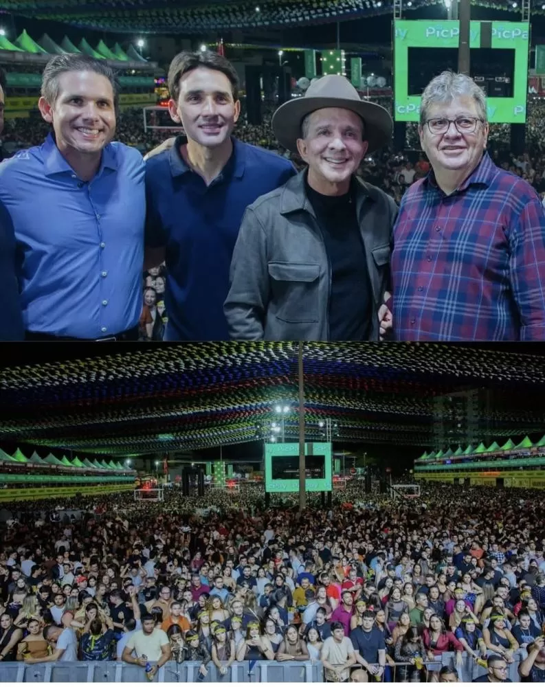 O presidente da Câmara dos Deputados, Hugo Motta, ao lado de outras lideranças nacionais e locais, prestigia o São João de Patos, destacando a importância da festa para a cultura e economia do Nordeste.