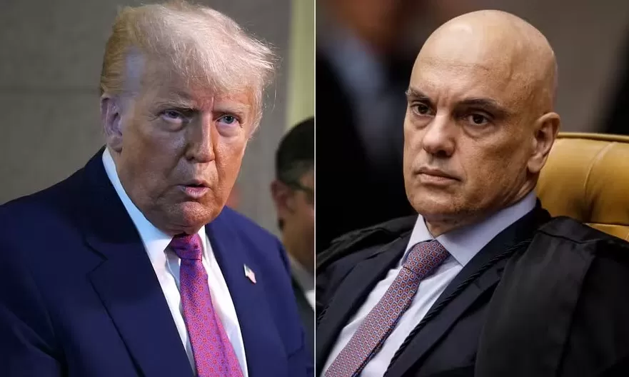 O presidente dos Estados Unidos, Donald Trump, e o ministro do Supremo Tribunal Federal (STF) brasileiro Alexandre de Moraes — Foto: Fotos de Tasos Katopodis/Getty Images via AFP e Brenno Carvalho/O Globo