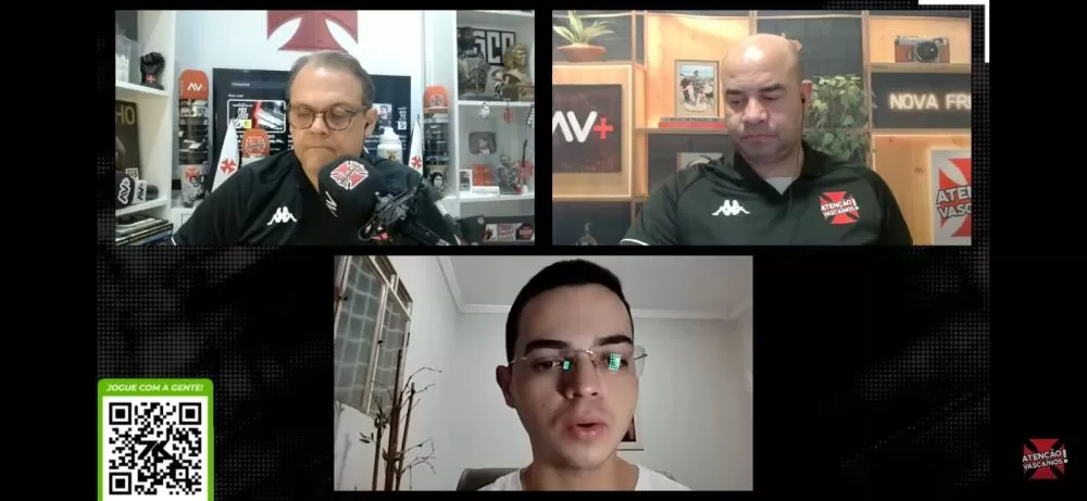 O fisioterapeuta João Victor (abaixo) durante sua participação ao vivo no canal Atenção Vascaínos, onde explicou os detalhes da lesão de Lucas Piton.