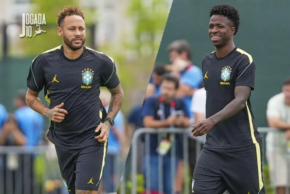 Neymar e Vini demonstraram muito entrosamento no treino - Fotos: Rafael Ribeiro e Nelson Terme/CBF