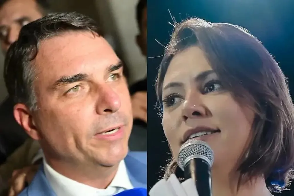 O senador Flávio Bolsonaro (PL); e a ex-primeira-dama Michelle Bolsonaro (PL) - Foto: Ton Molina/Agência Senado/PL Mulher/Divulgação