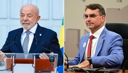 Lula reuniu 47% dos votos no 2° turno, contra 44% de Flávio Montagem: Ricardo Stuckert/PR – 17.06.2026; e Saulo Cruz/Agência Senado – 07.10.2025