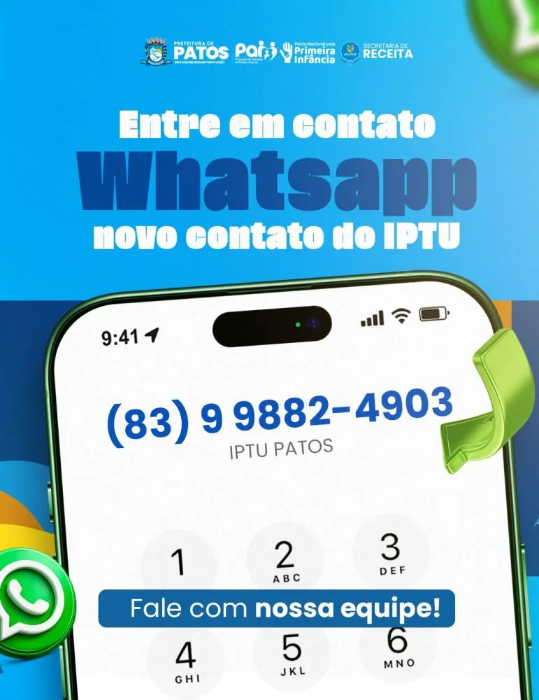 Secretaria de Receita de Patos anuncia novo número de WhatsApp para atendimento do IPTU