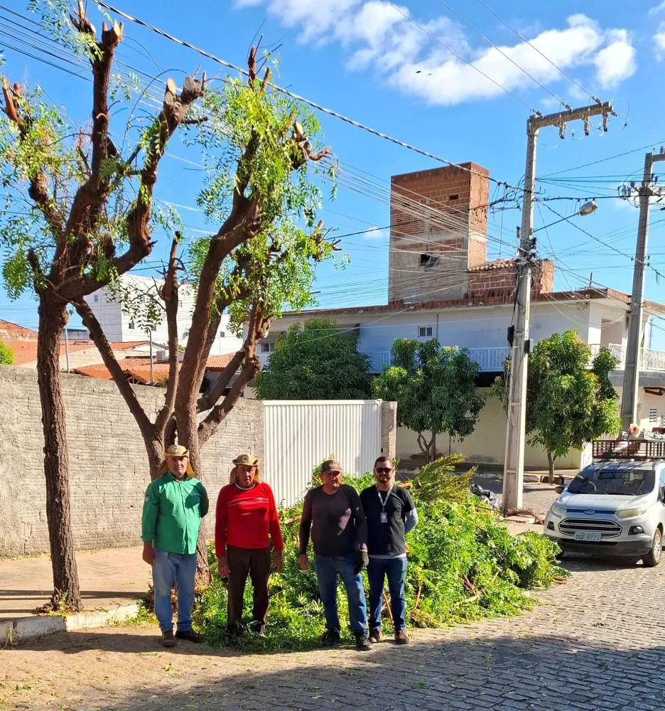 Servidores da Secretaria de Meio Ambiente de Patos executam serviços de poda na Rua Bancário Jarbas Moura Costa, no bairro Novo Horizonte, na manhã desta quarta-feira (23).