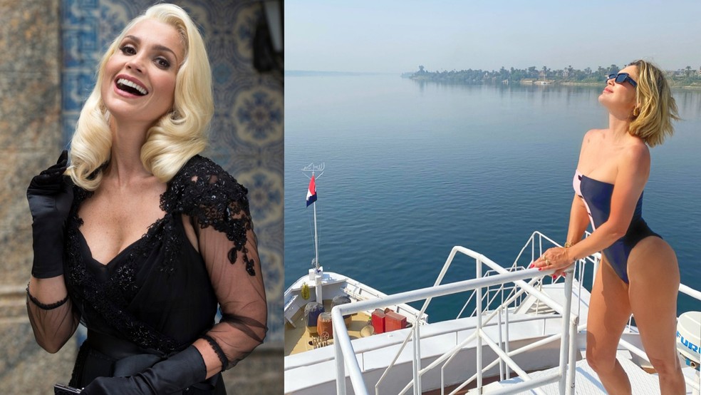 Flávia Alessandra curte férias e brinca com meme de vilã — Foto: Divulgação Globo e Reprodução Twitter