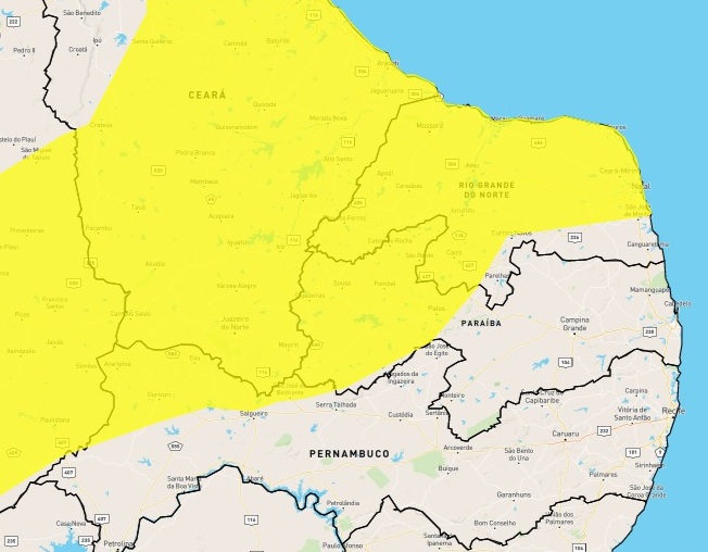 Área destacada no mapa corresponde a locais incluídos no alerta (Foto: Reprodução/Inmet)