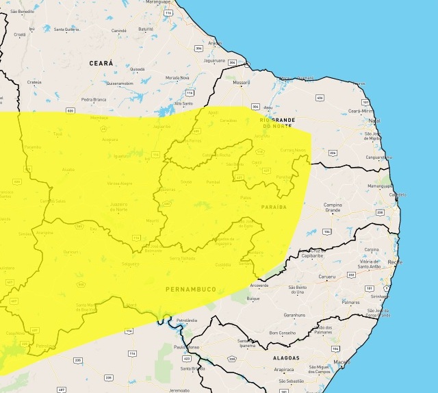 Área destacada no mapa corresponde a locais incluídos no alerta (Foto: Reprodução/Inmet)